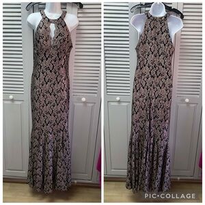 NightWay Collections Black Lace Maxi Dress with Nude Lining